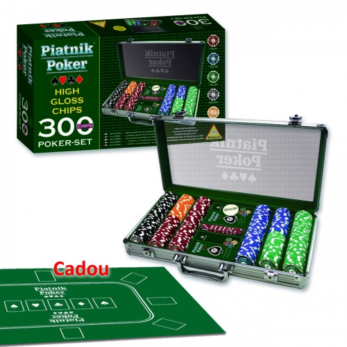 Set poker profesional Piatnik (Austria), 300 jetoane de cazinou (14 grame), 2 pachete carti de joc, 5 zaruri, buton dealer, cadou covoras Texas Hold'em